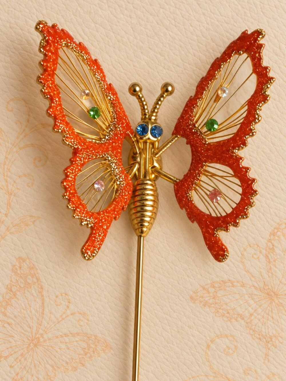 Butterfly Mariposa Gold Orange Rhinestone Vintage 1980's Hinge Wing Stick Pin